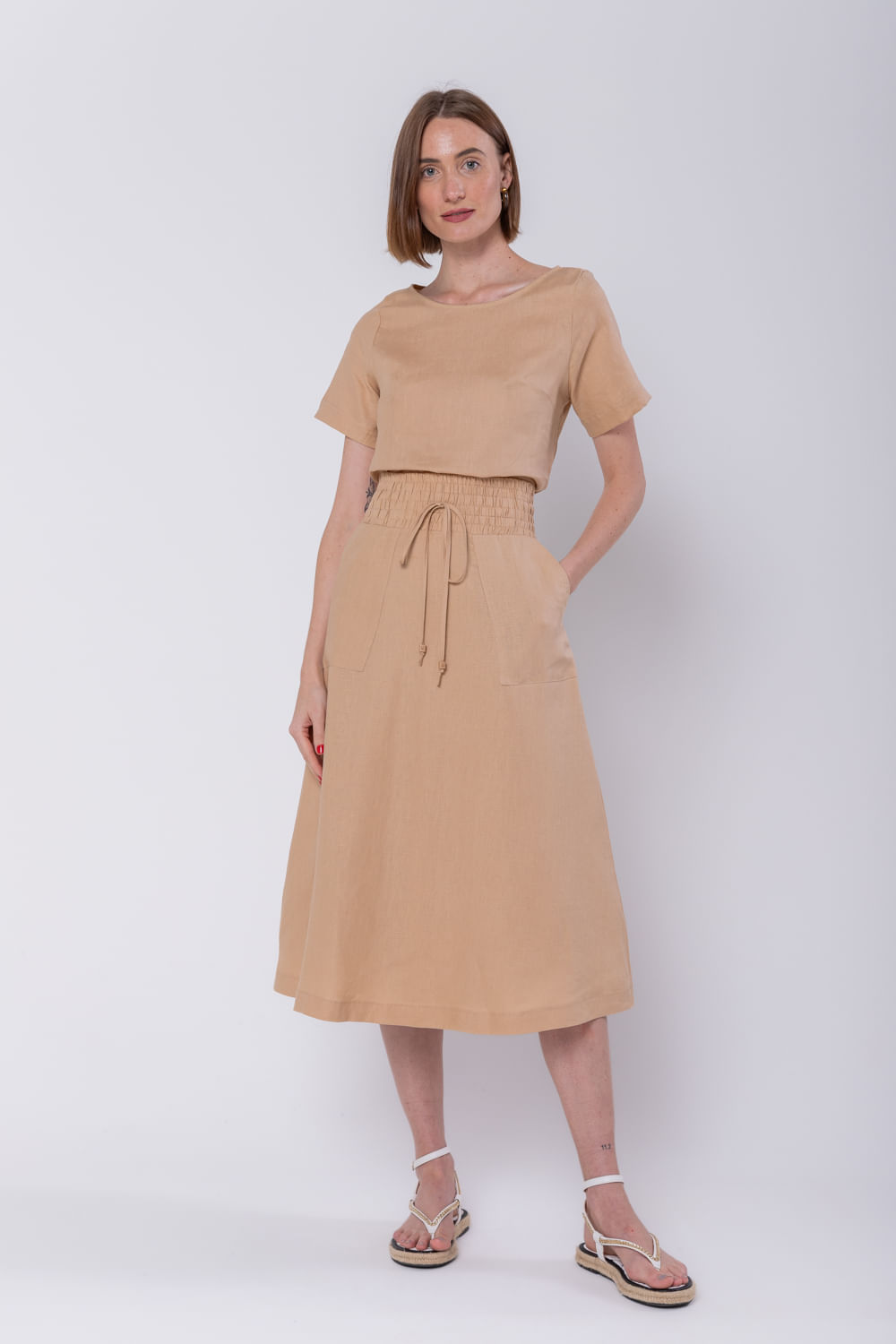 Hidrogênio - CARAMEL LINEN EVASE MIDI SKIRT - 19800029