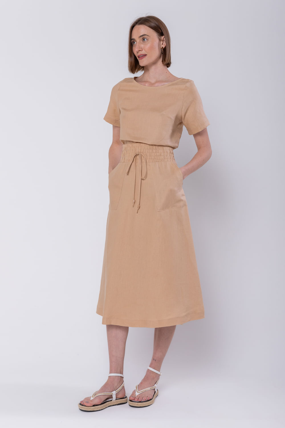 Hidrogênio - CARAMEL LINEN EVASE MIDI SKIRT - 19800029