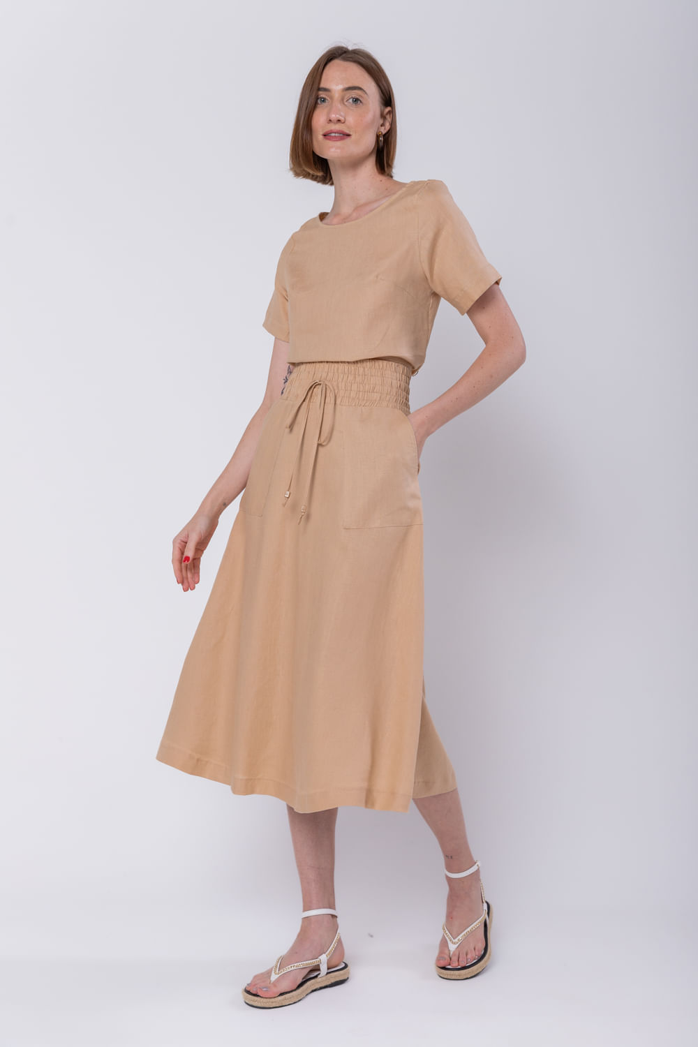 Hidrogênio - CARAMEL LINEN EVASE MIDI SKIRT - 19800029