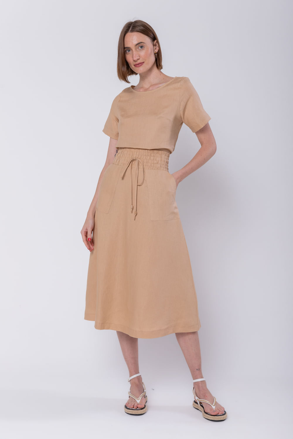 Hidrogênio - CARAMEL LINEN EVASE MIDI SKIRT - 19800029