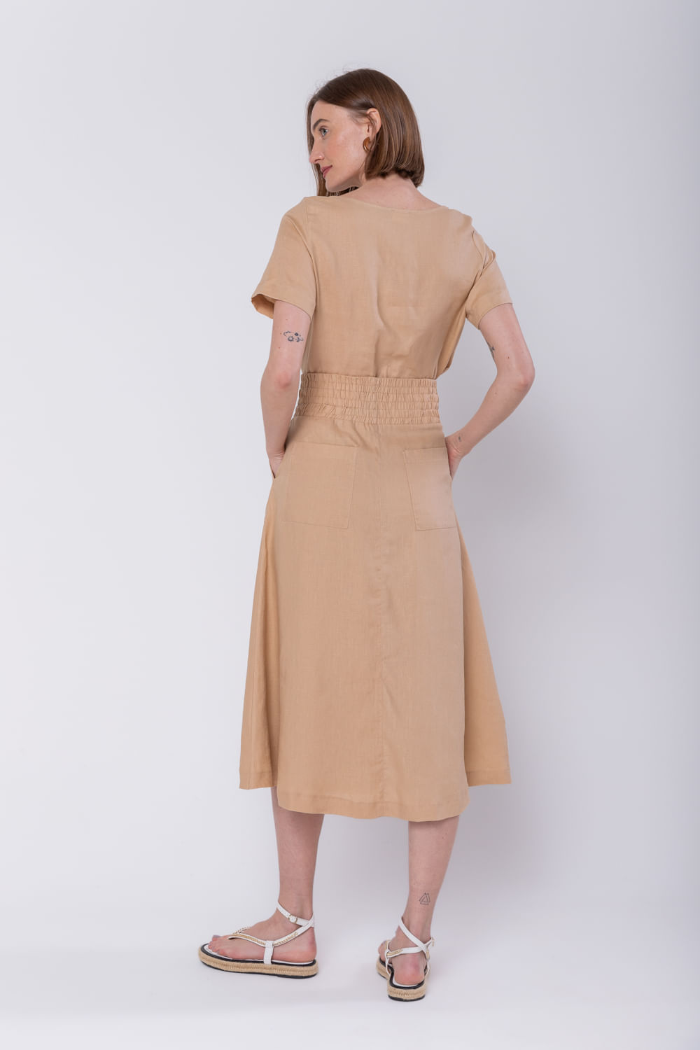 Hidrogênio - CARAMEL LINEN EVASE MIDI SKIRT - 19800029