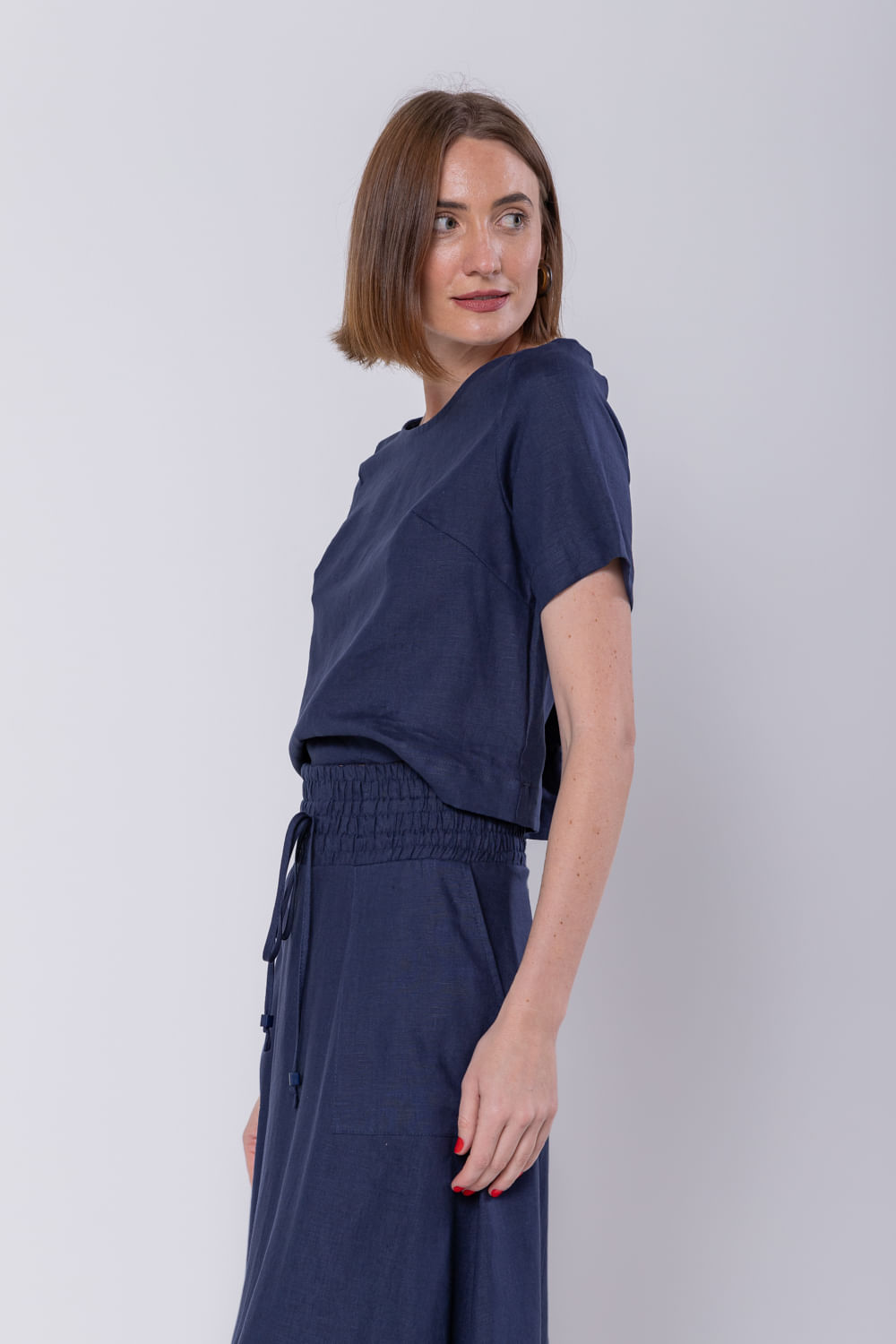 Hidrogênio - NAVY LINEN CROPPED BLOUSE - 19801004