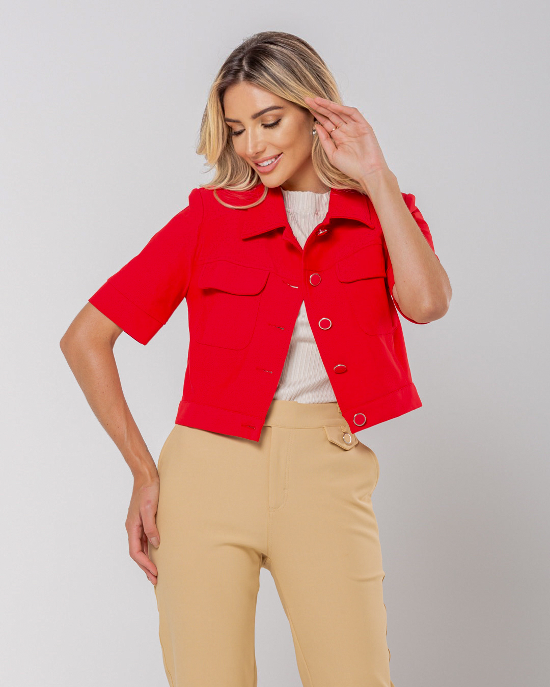 Miss Misses - Miss Misses Shirt With Grosgrain Button Pockets Red - 54107024