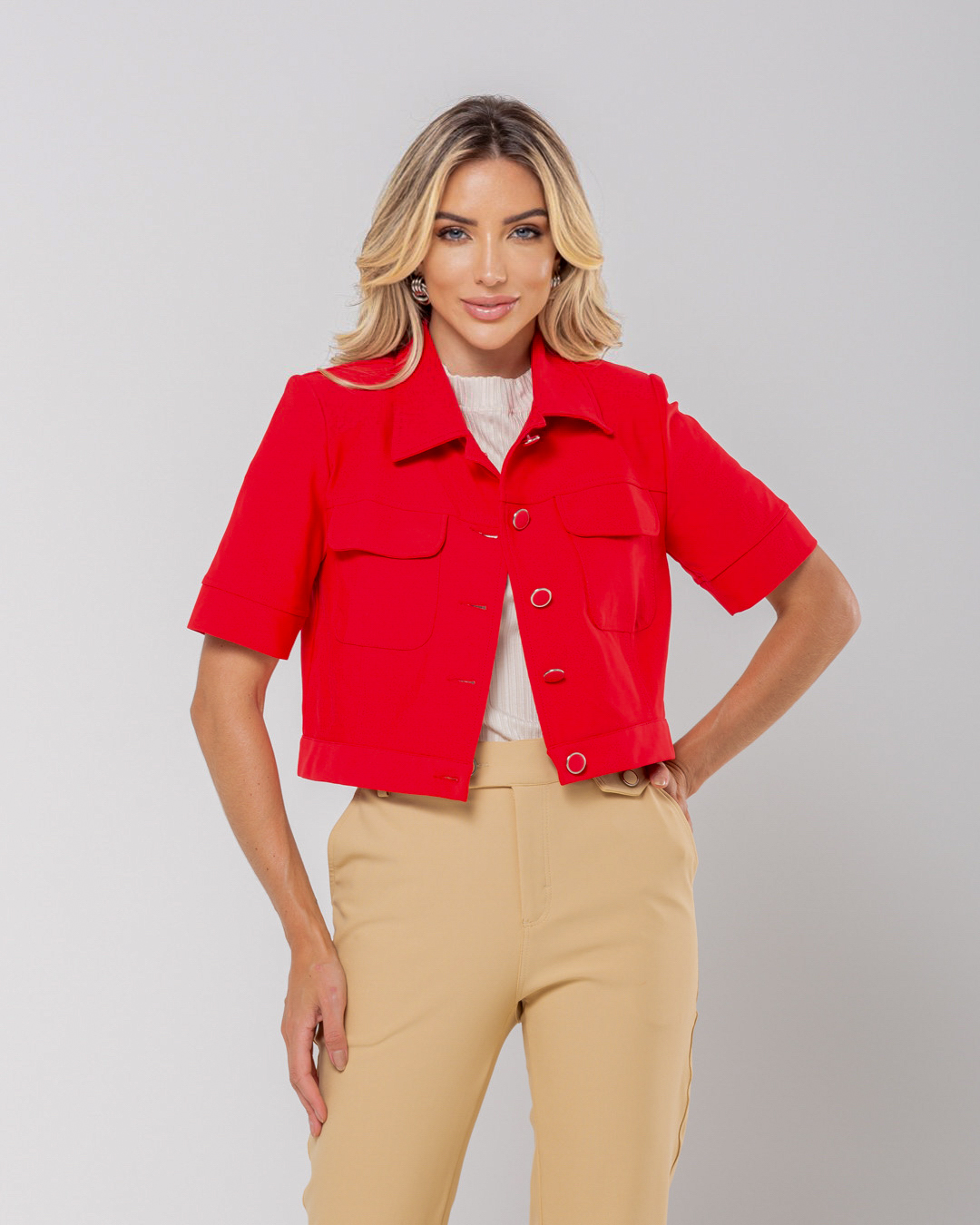 Miss Misses - Miss Misses Shirt With Grosgrain Button Pockets Red - 54107024