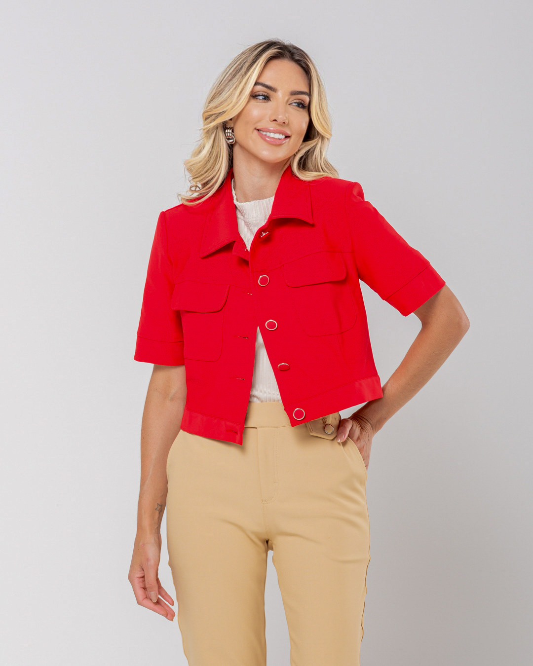 Miss Misses - Miss Misses Shirt With Grosgrain Button Pockets Red - 54107024