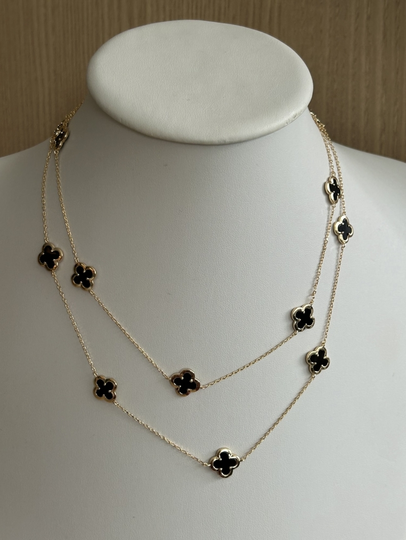 Mikabe - Long Clover Necklace Van Onix Black Gold - MK1637