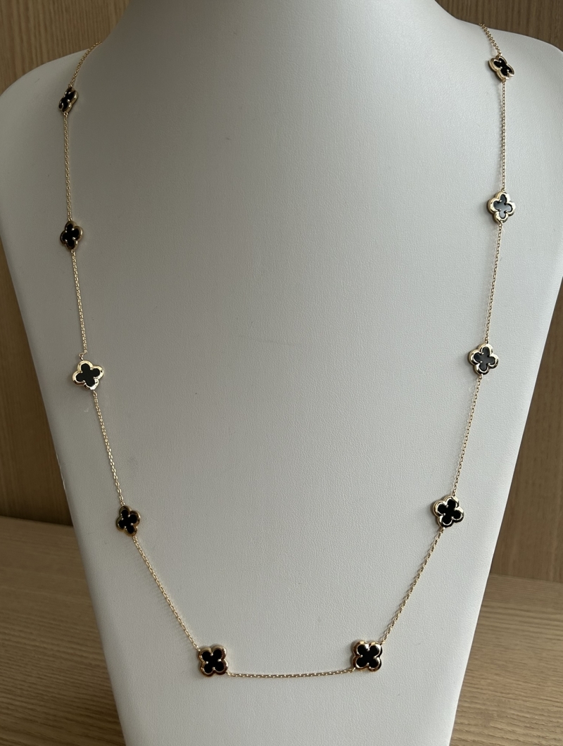 Mikabe - Long Clover Necklace Van Onix Black Gold - MK1637