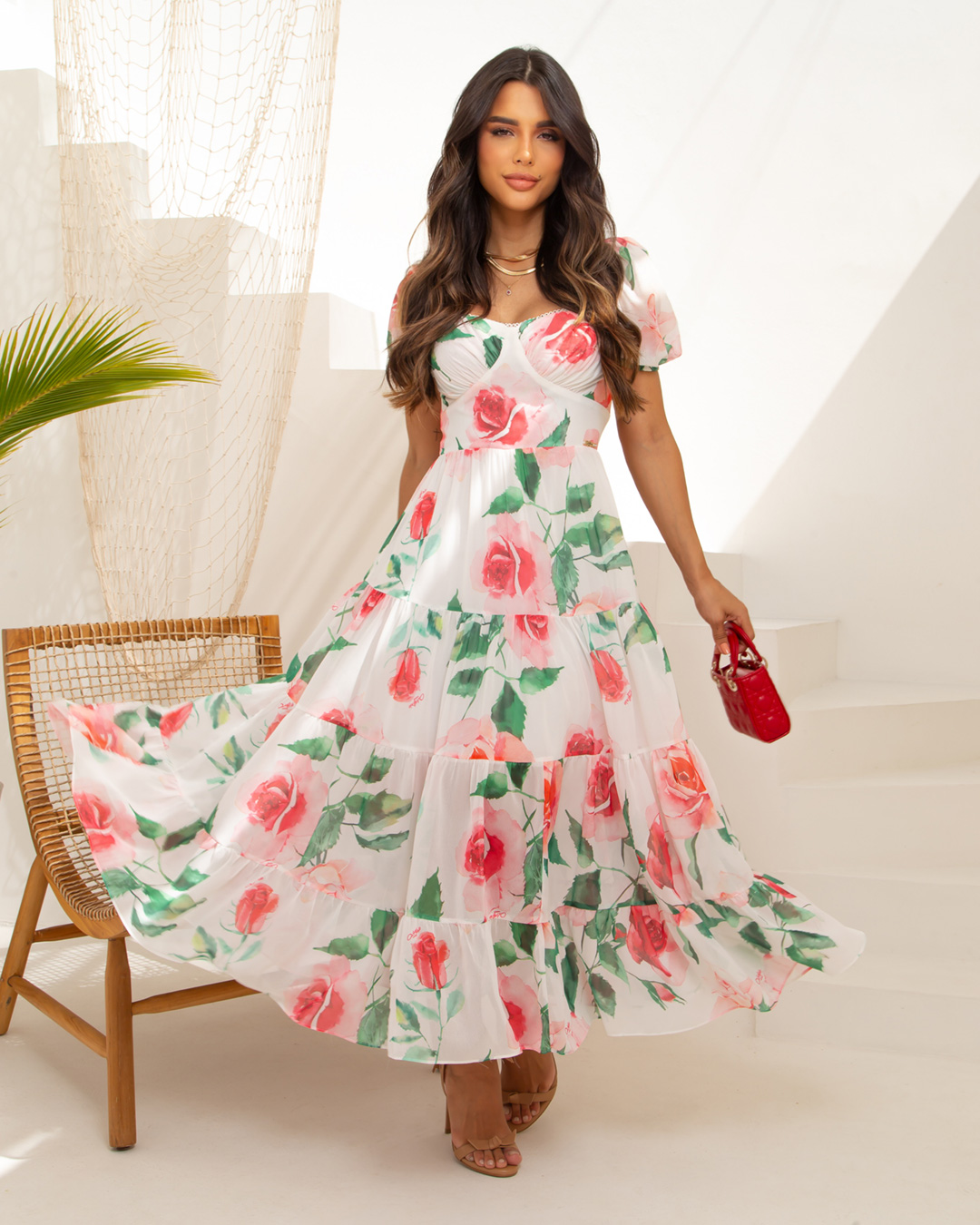 Oxigênio - Vestido Oxigênio Midi com  Alça Estampado Vermelho - 2364244VERMELHO