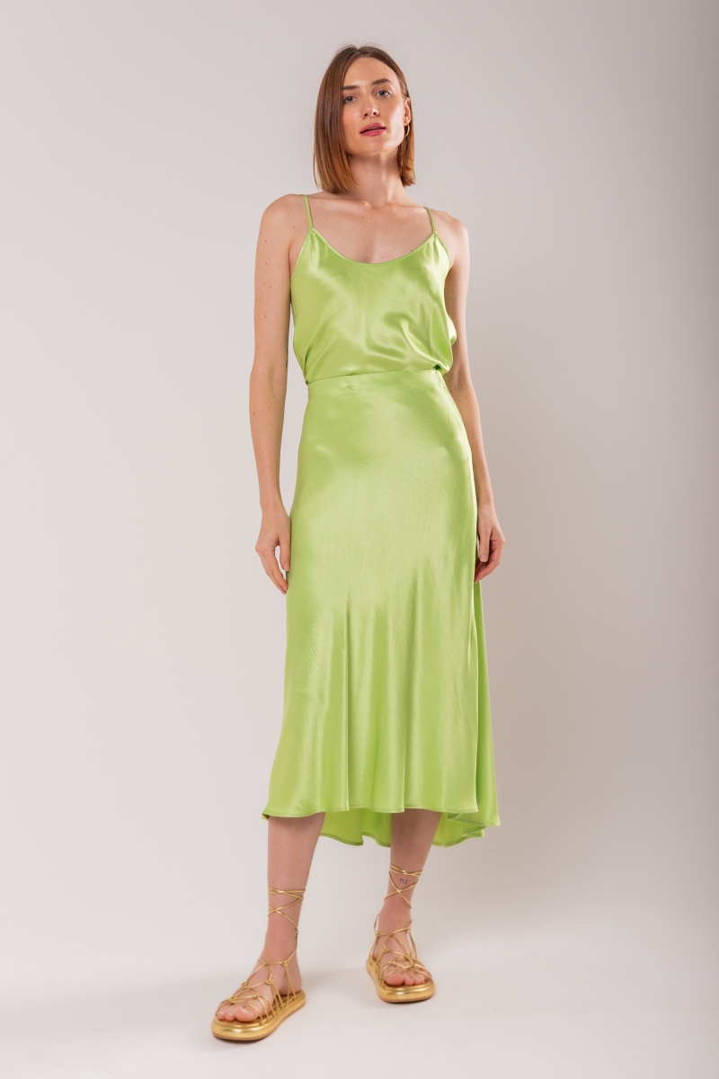 Hidrogênio - PISTACHIO SATIN MIDI EVASÊ SKIRT - 19836507