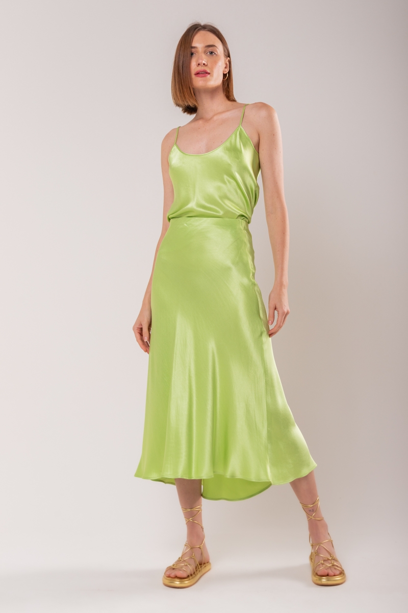 Hidrogênio - PISTACHIO SATIN MIDI EVASÊ SKIRT - 19836507