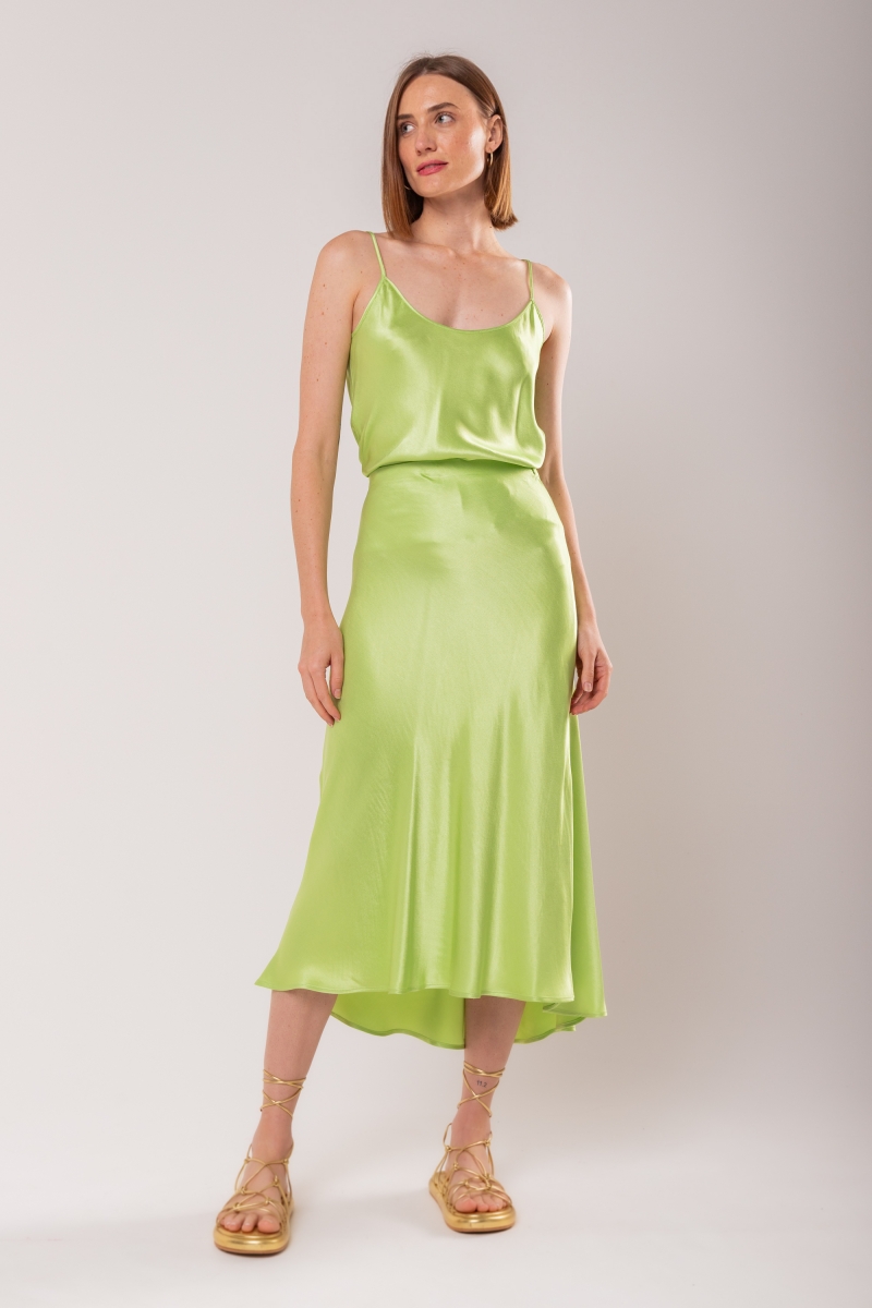 Hidrogênio - PISTACHIO SATIN MIDI EVASÊ SKIRT - 19836507