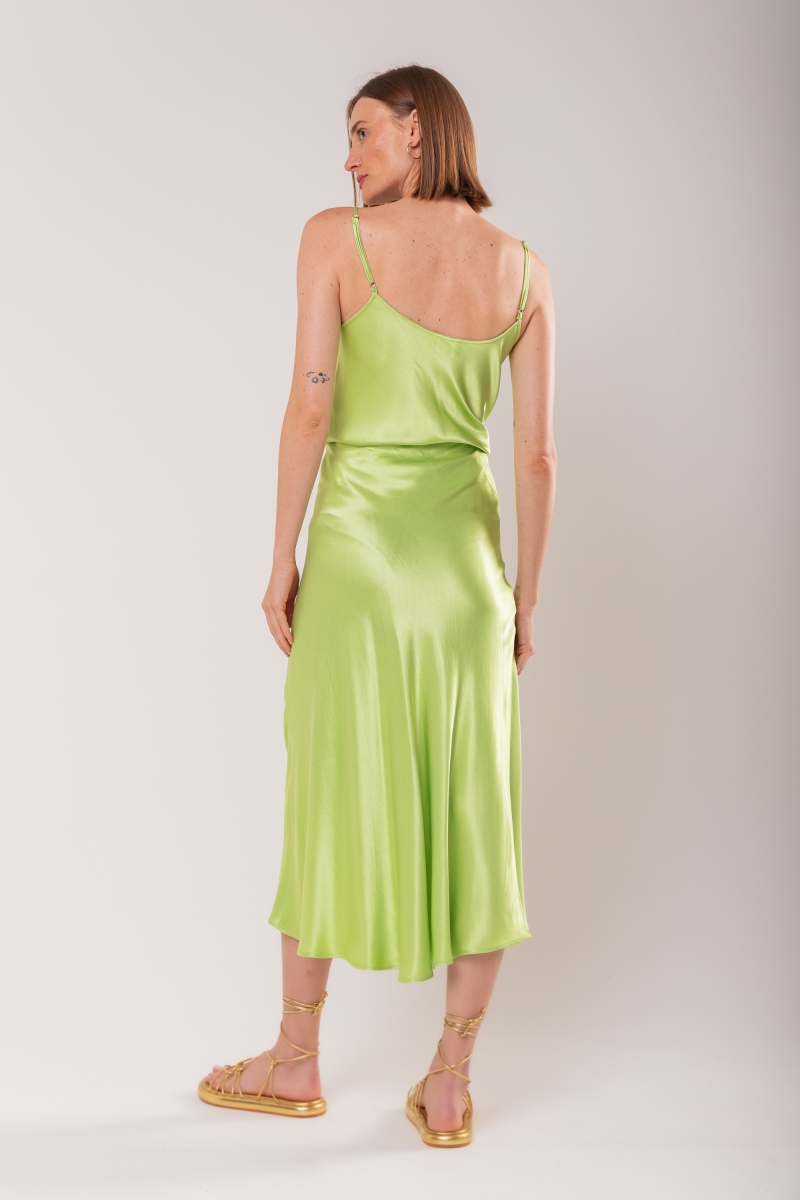 Hidrogênio - PISTACHIO SATIN MIDI EVASÊ SKIRT - 19836507