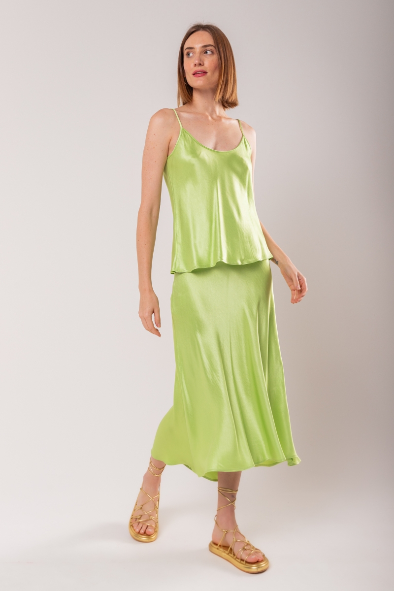 Hidrogênio - PISTACHIO SATIN MIDI EVASÊ SKIRT - 19836507