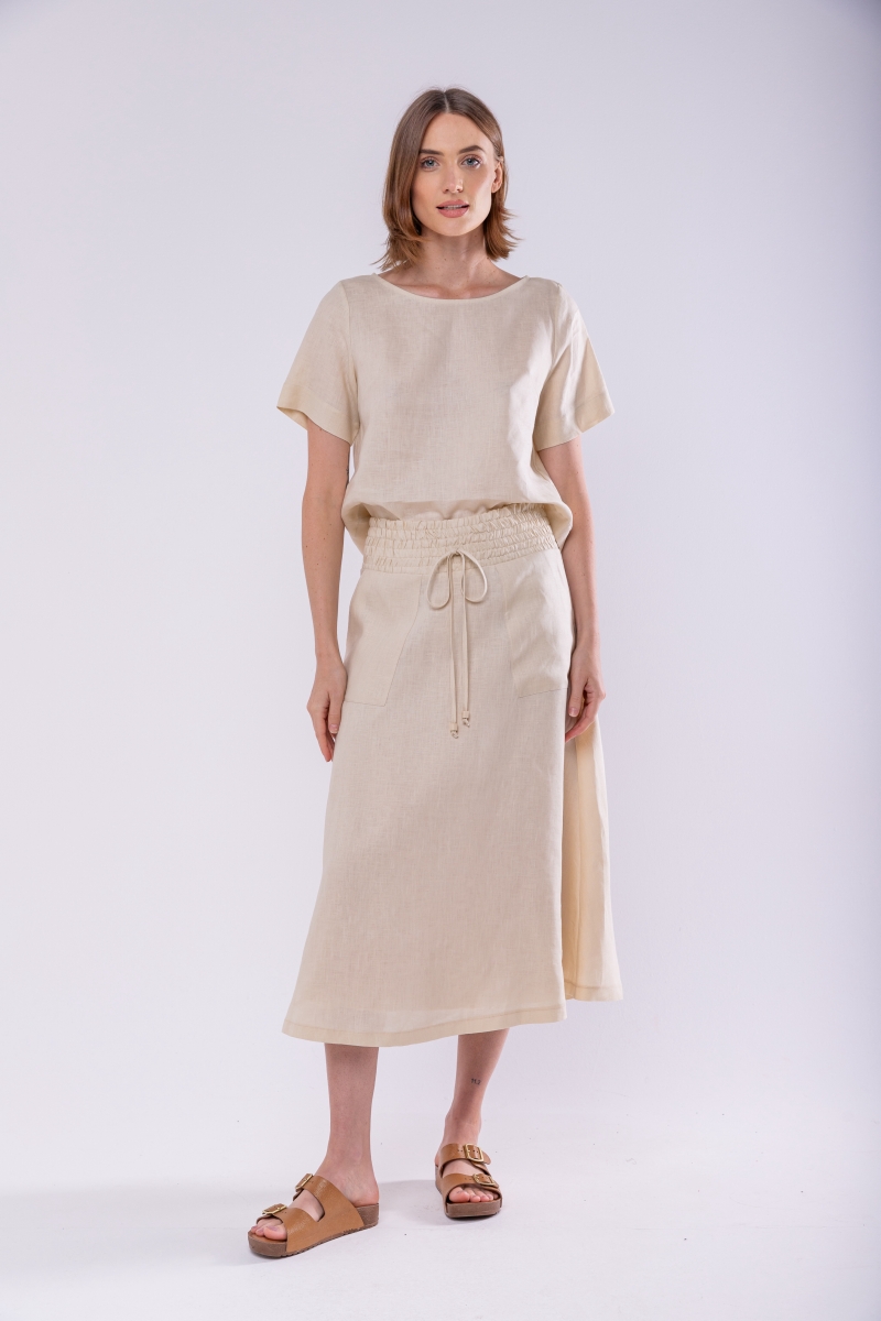 Hidrogênio - NATURAL LINEN EVASE MIDI SKIRT - 19800182