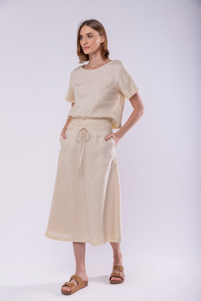 Hidrogênio - NATURAL LINEN EVASE MIDI SKIRT - 19800182