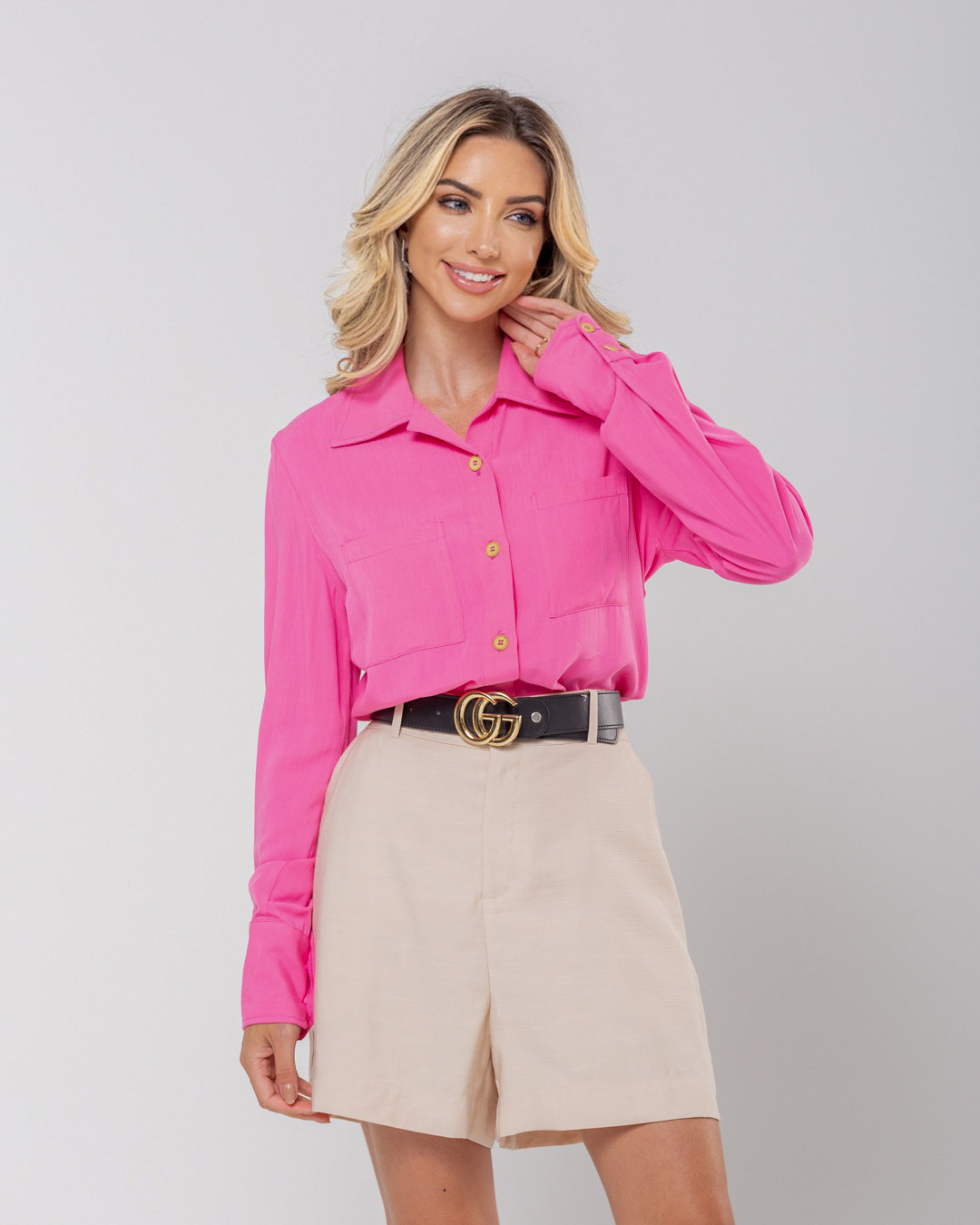 Miss Misses - Miss Misses Long Pink Woody Button Shirt - 54125060