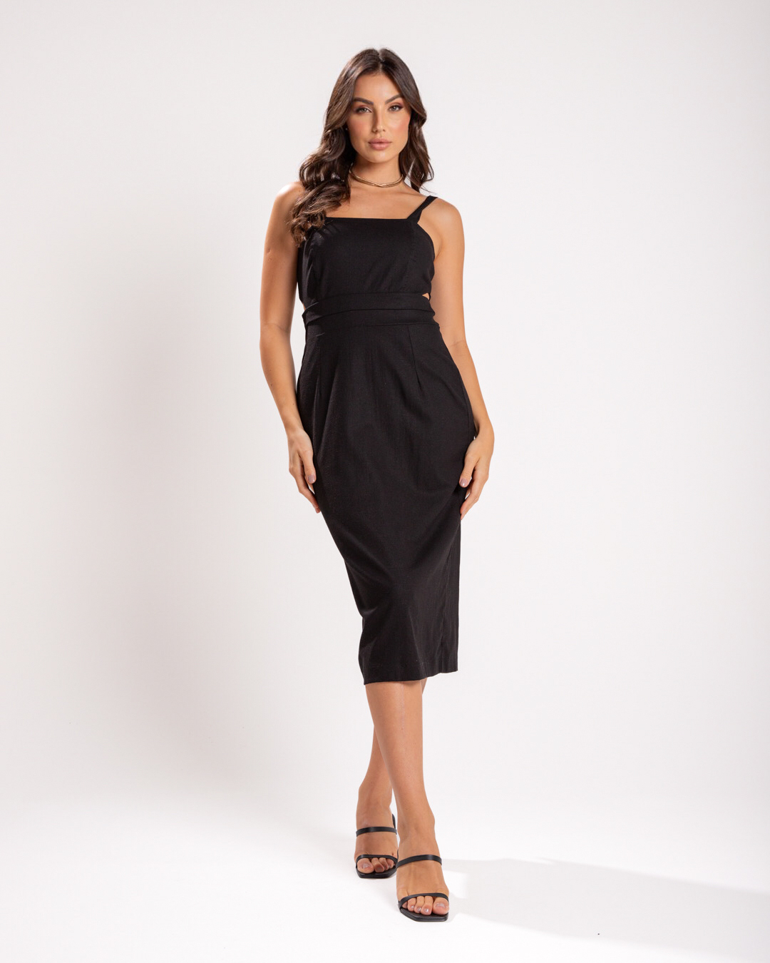 Miss Misses - Miss Misses Linen Dress with Side Opening Black - 54123PRETO