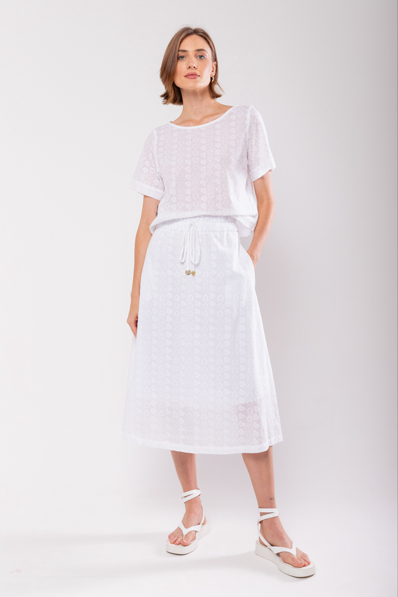 Hidrogênio - LAISE EVASE MIDI SKIRT WHITE HEART - 19867