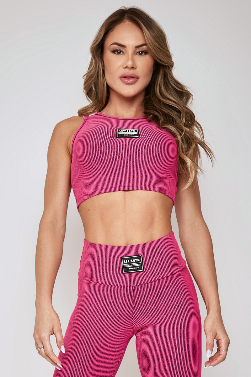 Lets Gym - Cropped 3D Rib Preto e Pink - 2231PKPT