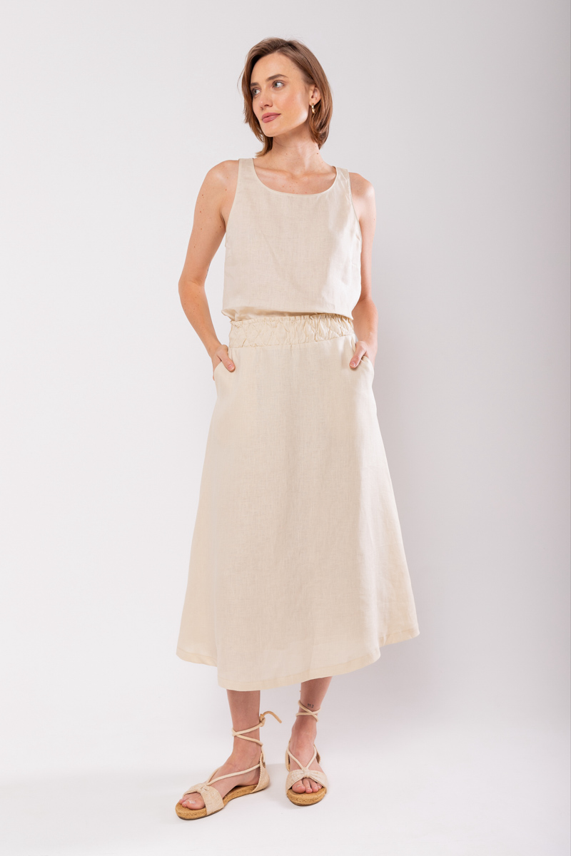 Hidrogênio - 100% LINEN EVASE MIDI SKIRT WITH FROWN CREAM WAIST - 19870