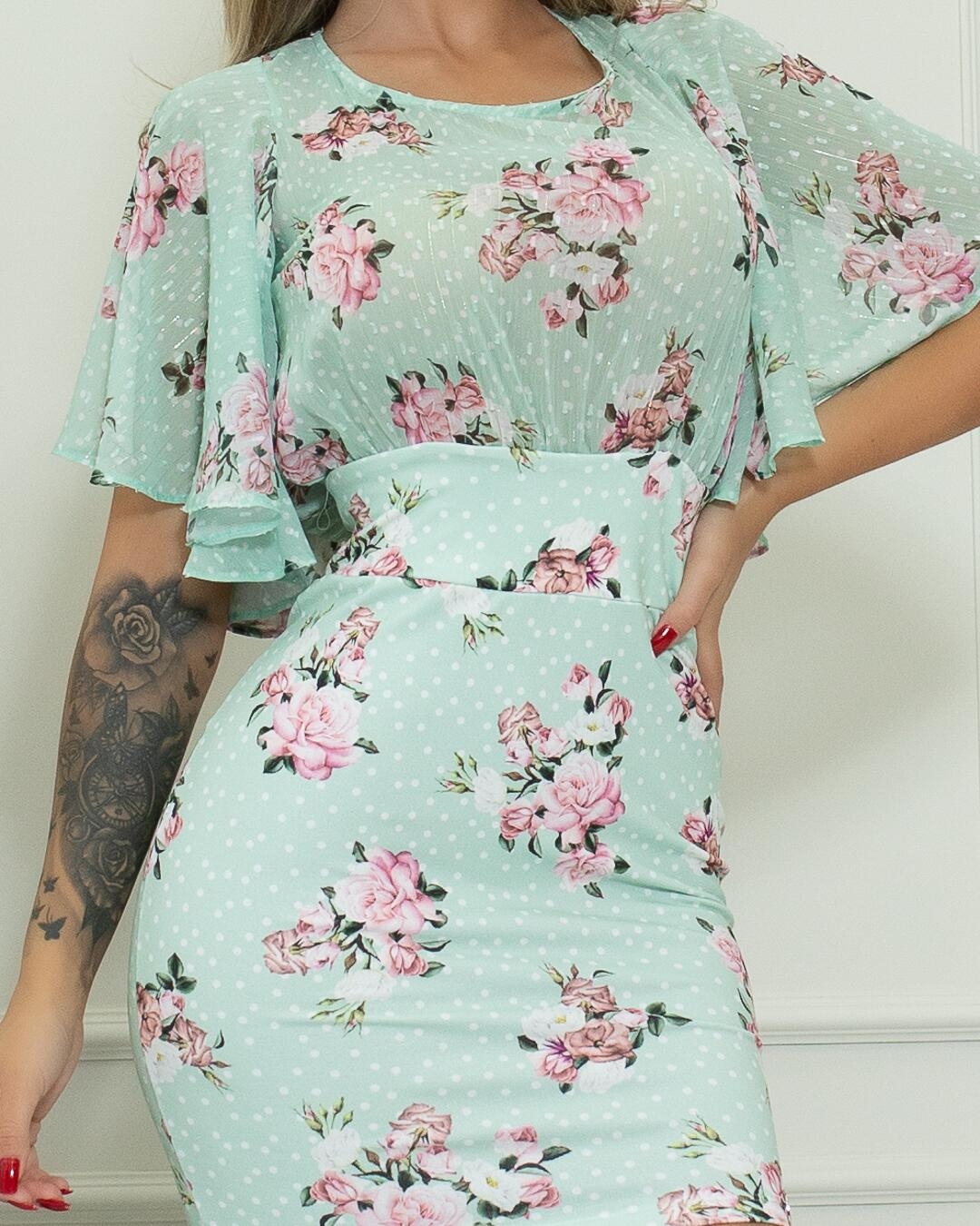 Miss Misses - Miss Misses Floral Tube Dress with Green Godê Sleeves - 80378VERDE