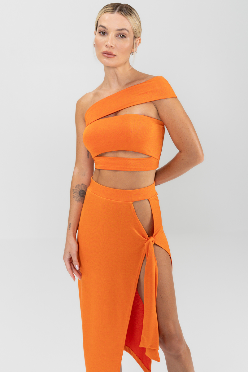 Labellamafia - Labellamafia Orange Touch Mesh Top and Skirt Set - 30036