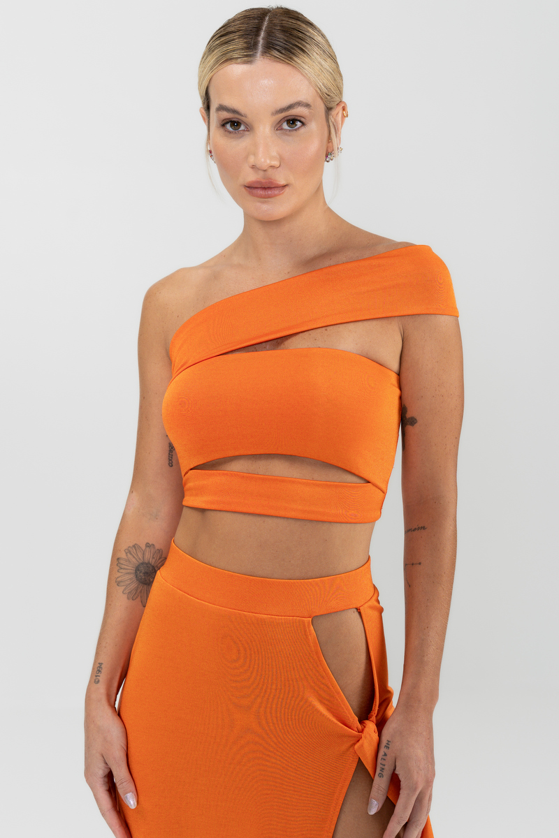 Labellamafia - Labellamafia Orange Touch Mesh Top and Skirt Set - 30036
