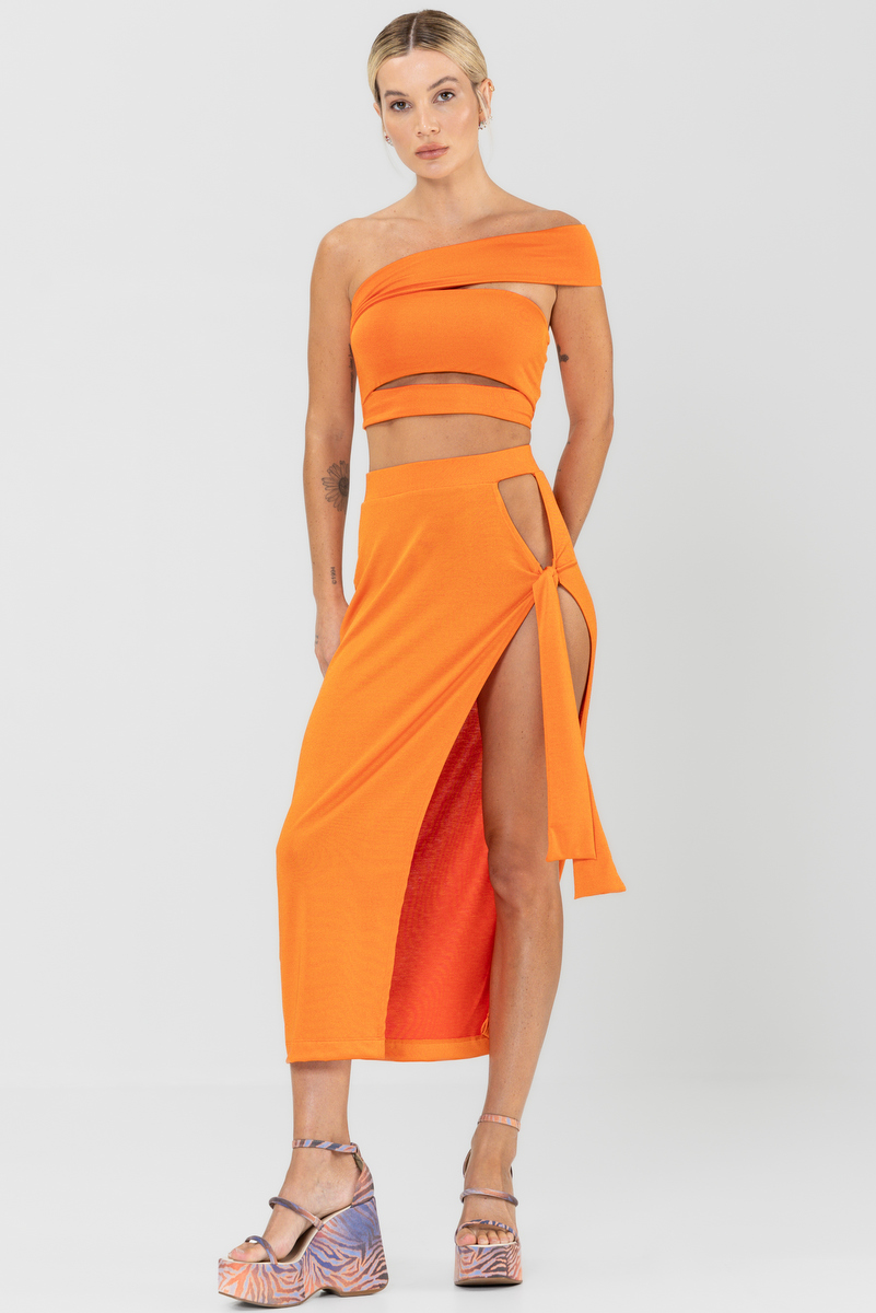 Labellamafia - Labellamafia Orange Touch Mesh Top and Skirt Set - 30036