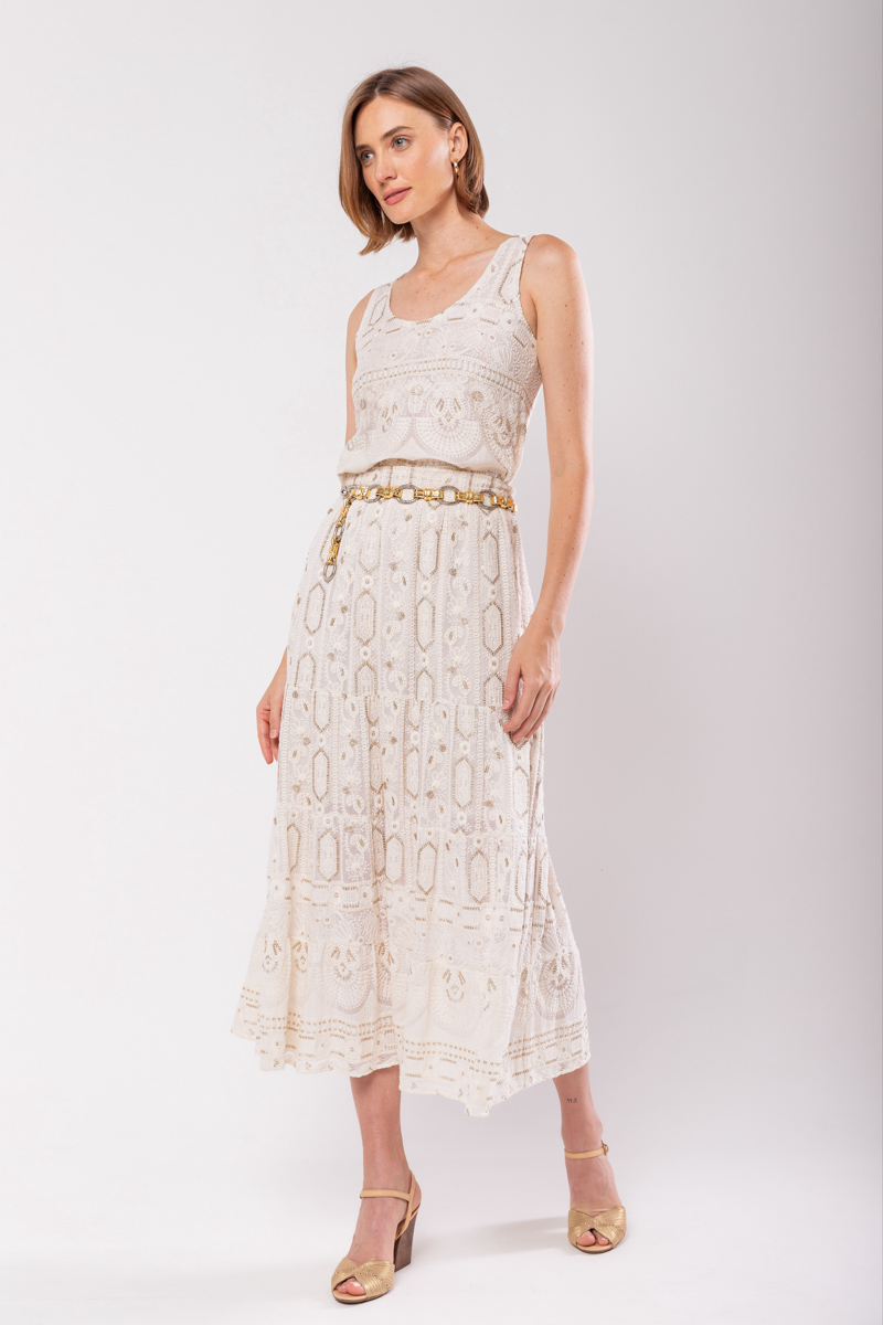 Hidrogênio - MIDI SKIRT 3 MARIAS EMBROIDERED OFF WHITE - 19858