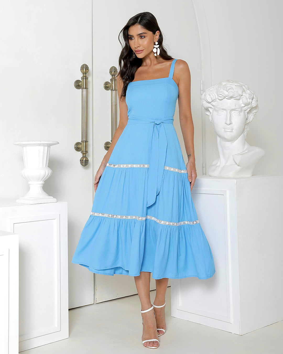 Miss Misses - Vestido Miss Misses Midi Com Detalhe Renda Azul - 54155AZUL