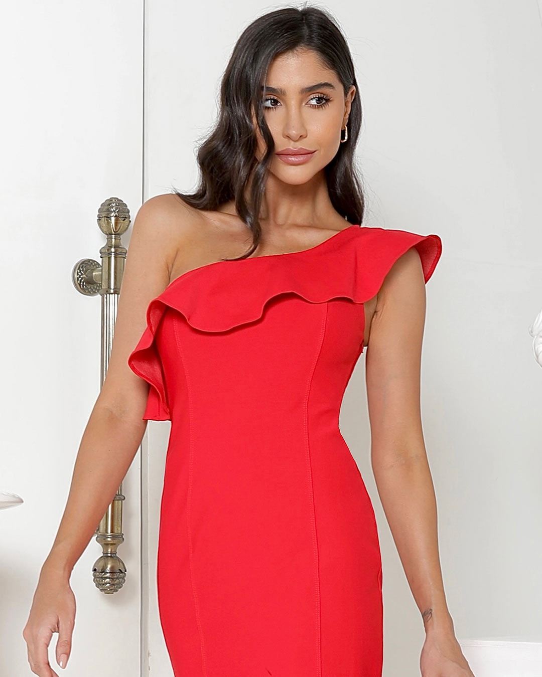 Miss Misses - Miss Misses Midi Dress With Frill With Red Zipper - 80510VERMELHO