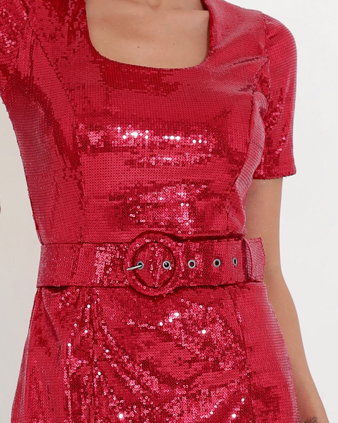 Miss Misses - Miss Misses Short Sleeve Sequin Dress With Red Zipper - 19180VERMELHO