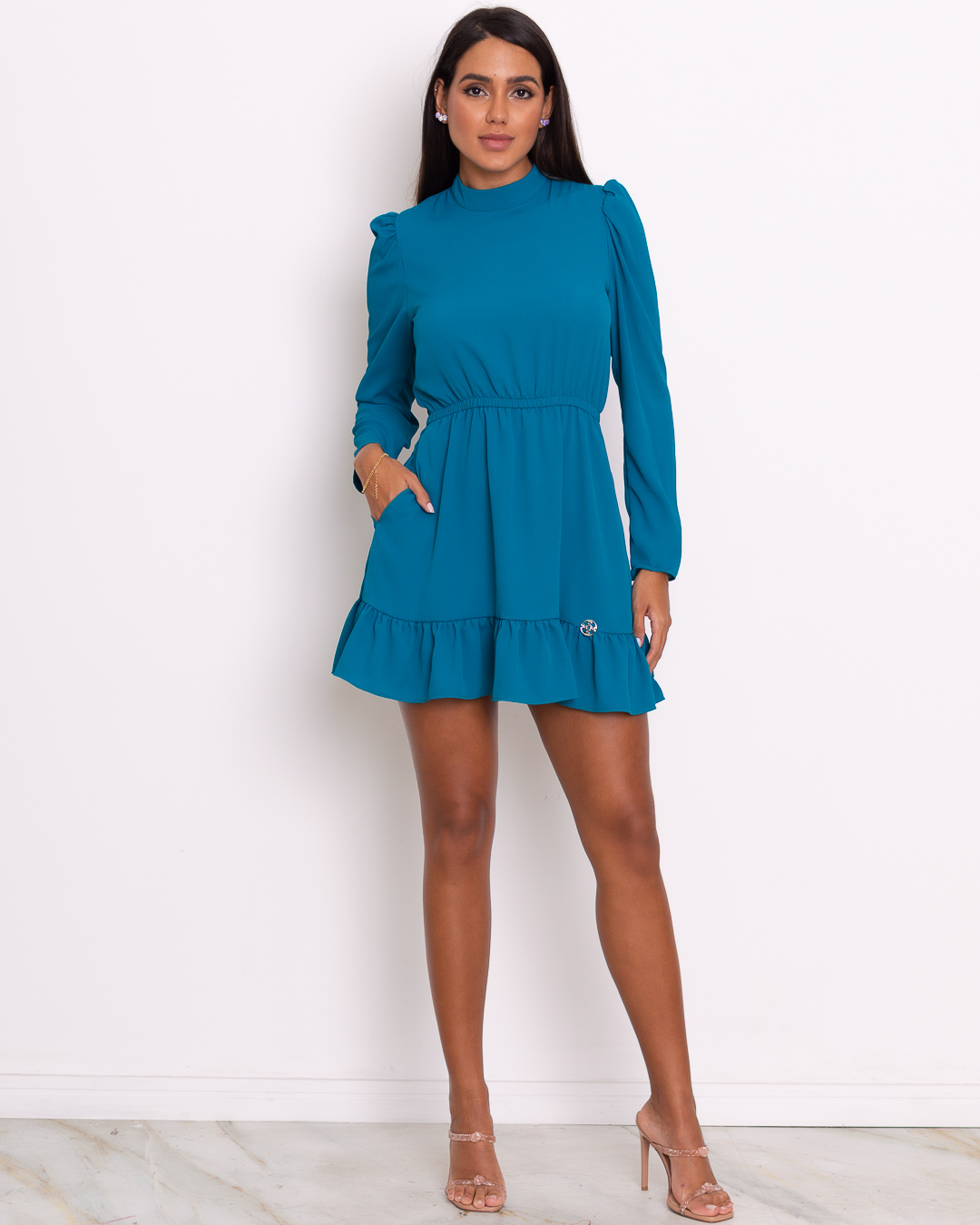 Miss Misses - Dress Miss Misses workout wheeldo Ruched Long Sleeve With Belt Blue - 18821AZUL