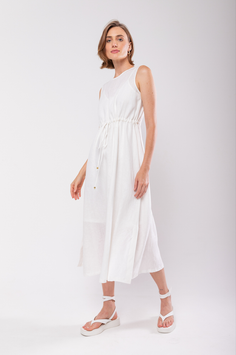 Hidrogênio - VESTIDO REGATA MIDI DE LINHO 100% OFF WHITE - 19872