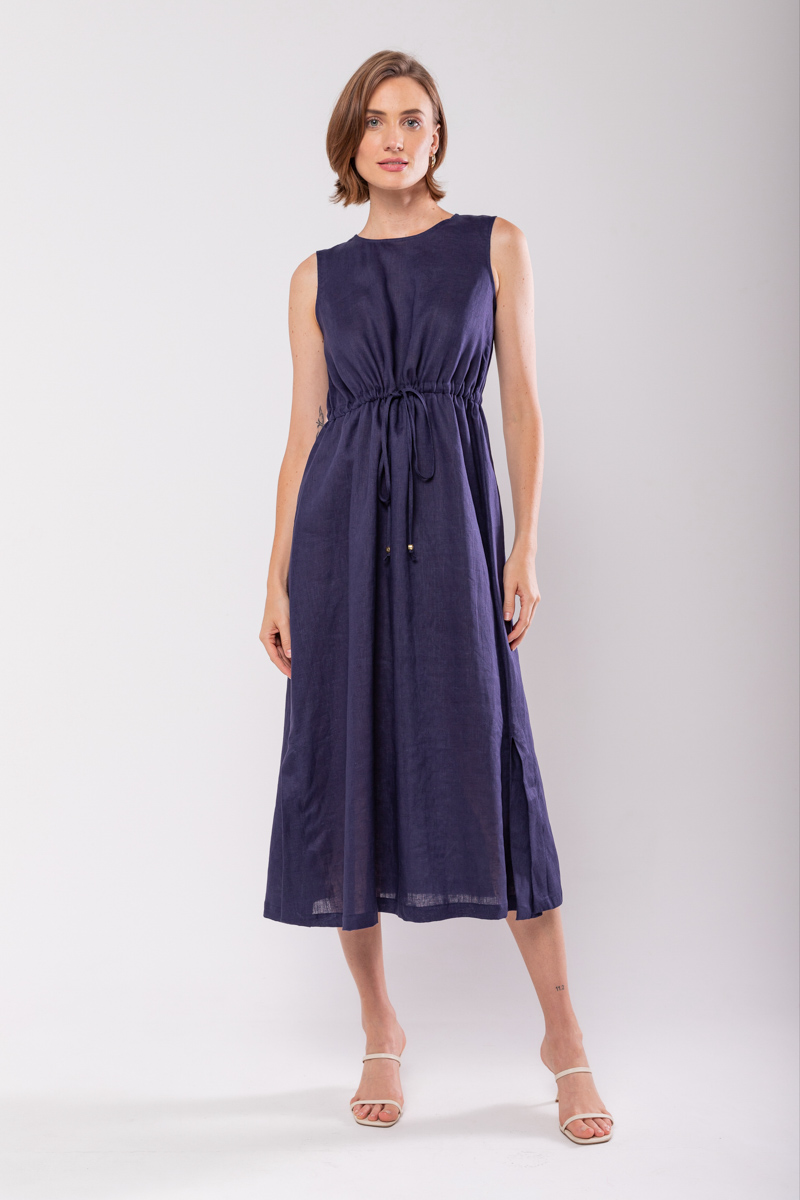 Hidrogênio - 100% NAVY LINEN MIDI TANK DRESS - 19872