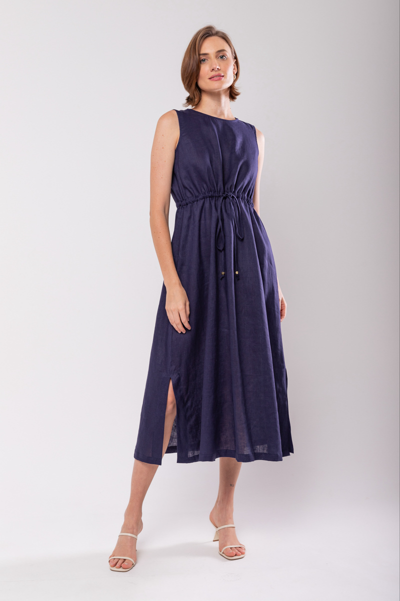 Hidrogênio - 100% NAVY LINEN MIDI TANK DRESS - 19872