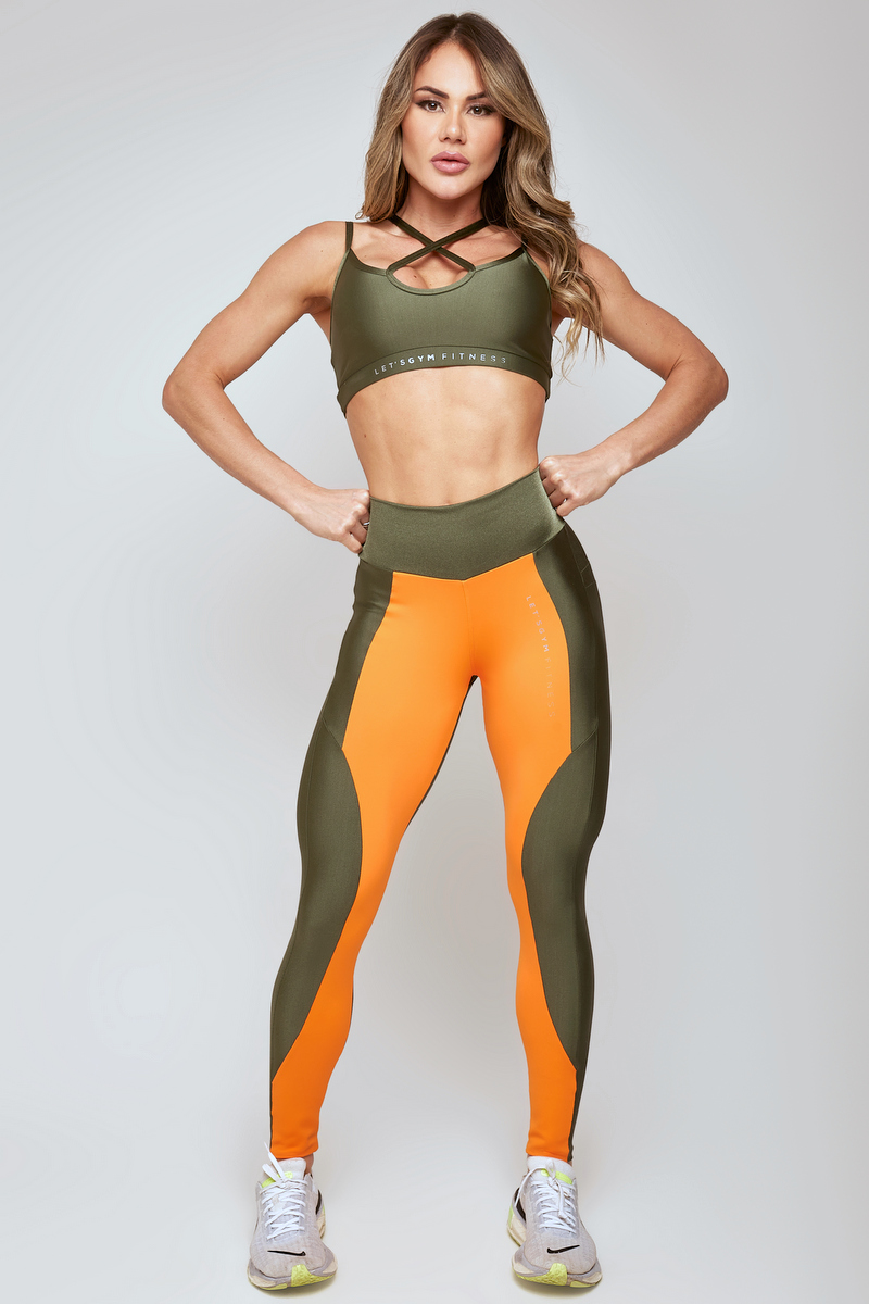 Lets Gym - Military Green and Orange Round Legging - 2190VDMLJ