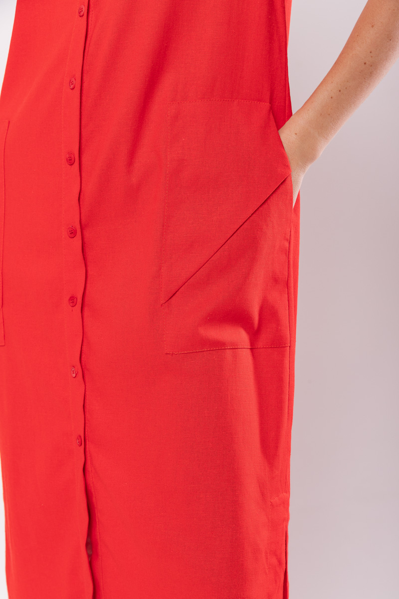 Hidrogênio - LINEN CHEMISIE MIDI DRESS WITH POCKETS RED - 19878