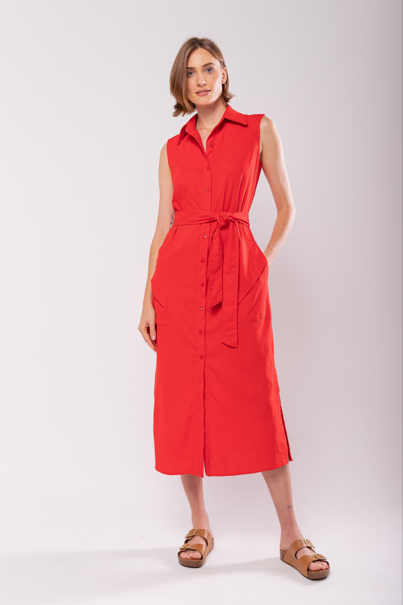 Hidrogênio - LINEN CHEMISIE MIDI DRESS WITH POCKETS RED - 19878