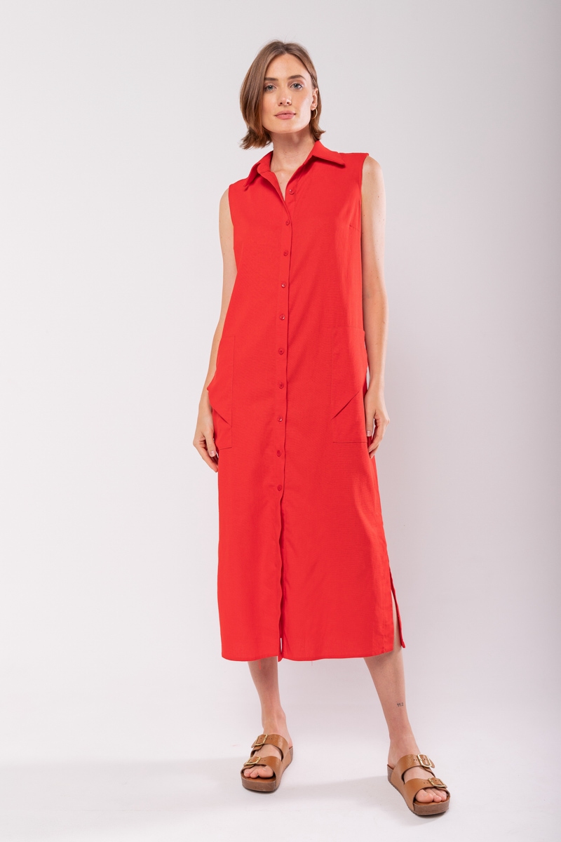 Hidrogênio - LINEN CHEMISIE MIDI DRESS WITH POCKETS RED - 19878