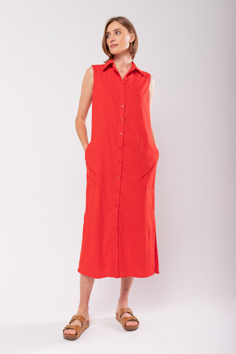 Hidrogênio - LINEN CHEMISIE MIDI DRESS WITH POCKETS RED - 19878