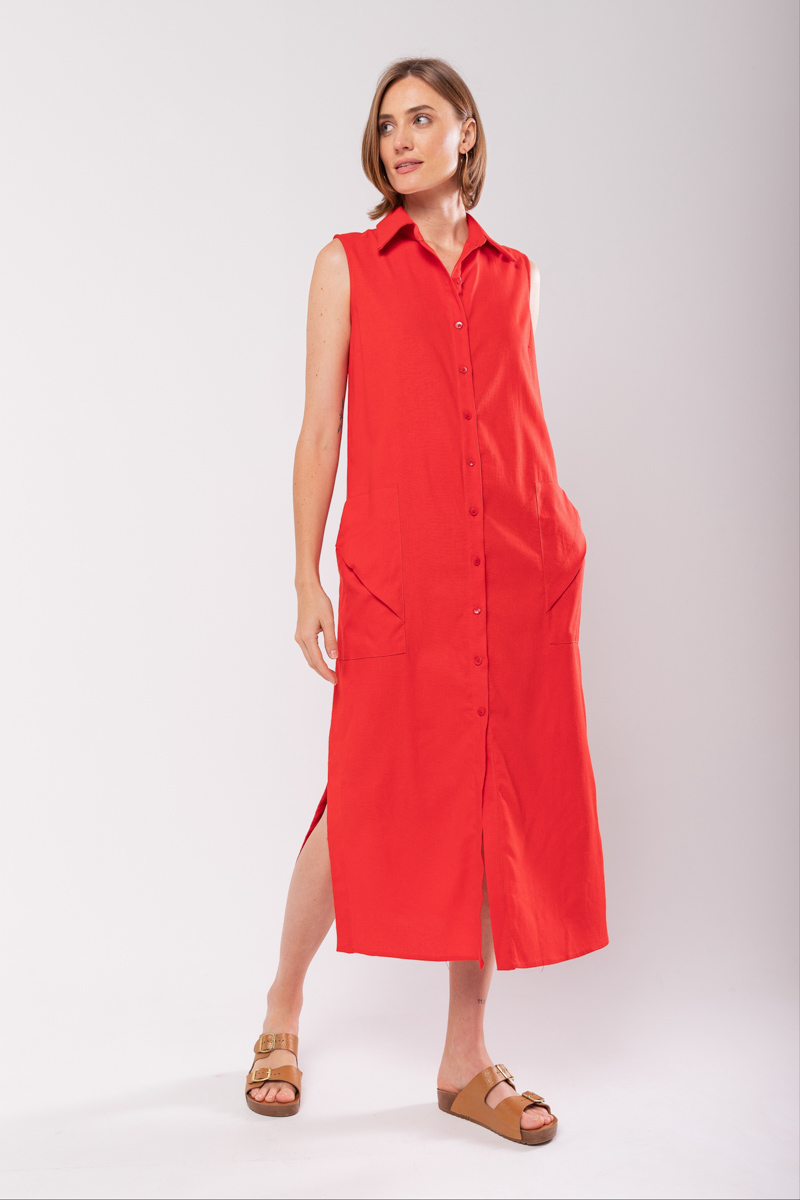 Hidrogênio - LINEN CHEMISIE MIDI DRESS WITH POCKETS RED - 19878