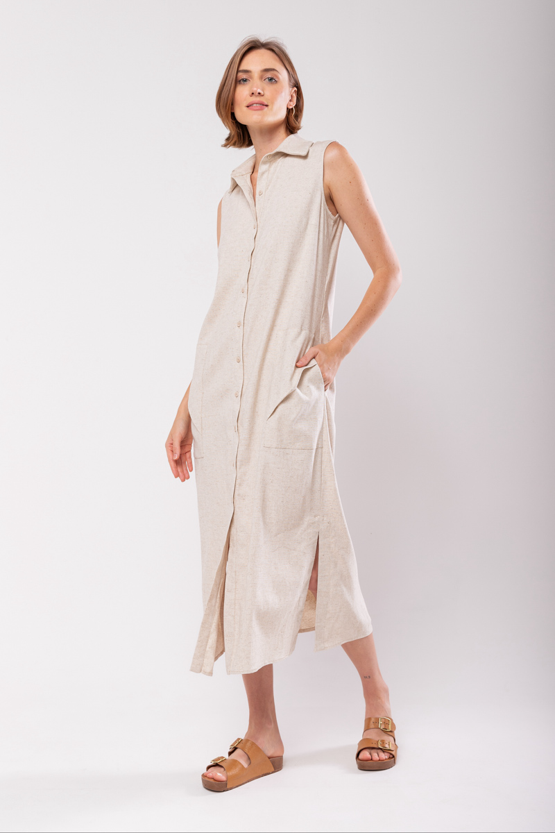 Hidrogênio - LINEN CHEMISIE MIDI DRESS WITH POCKETS BEIGE - 19878