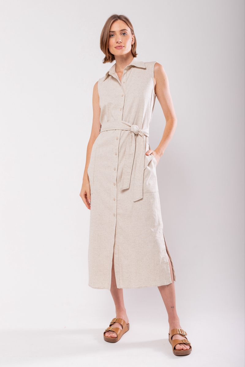 Hidrogênio - LINEN CHEMISIE MIDI DRESS WITH POCKETS BEIGE - 19878