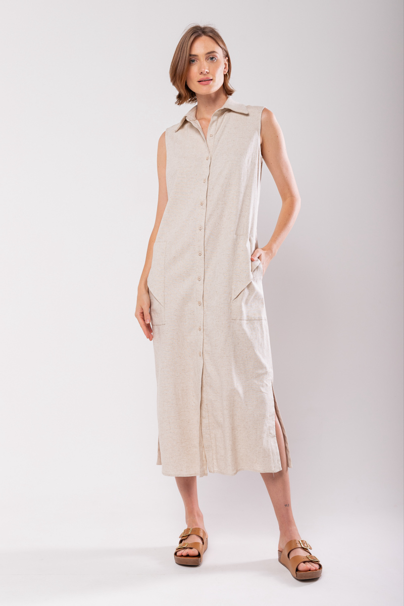 Hidrogênio - LINEN CHEMISIE MIDI DRESS WITH POCKETS BEIGE - 19878