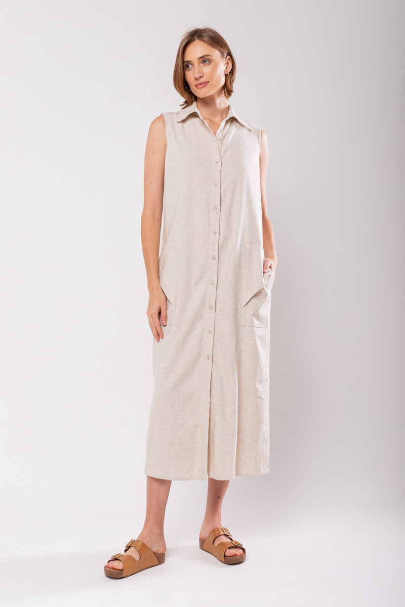 Hidrogênio - LINEN CHEMISIE MIDI DRESS WITH POCKETS BEIGE - 19878