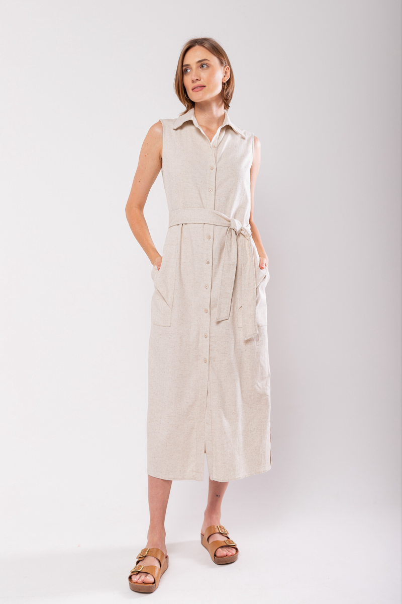 Hidrogênio - LINEN CHEMISIE MIDI DRESS WITH POCKETS BEIGE - 19878