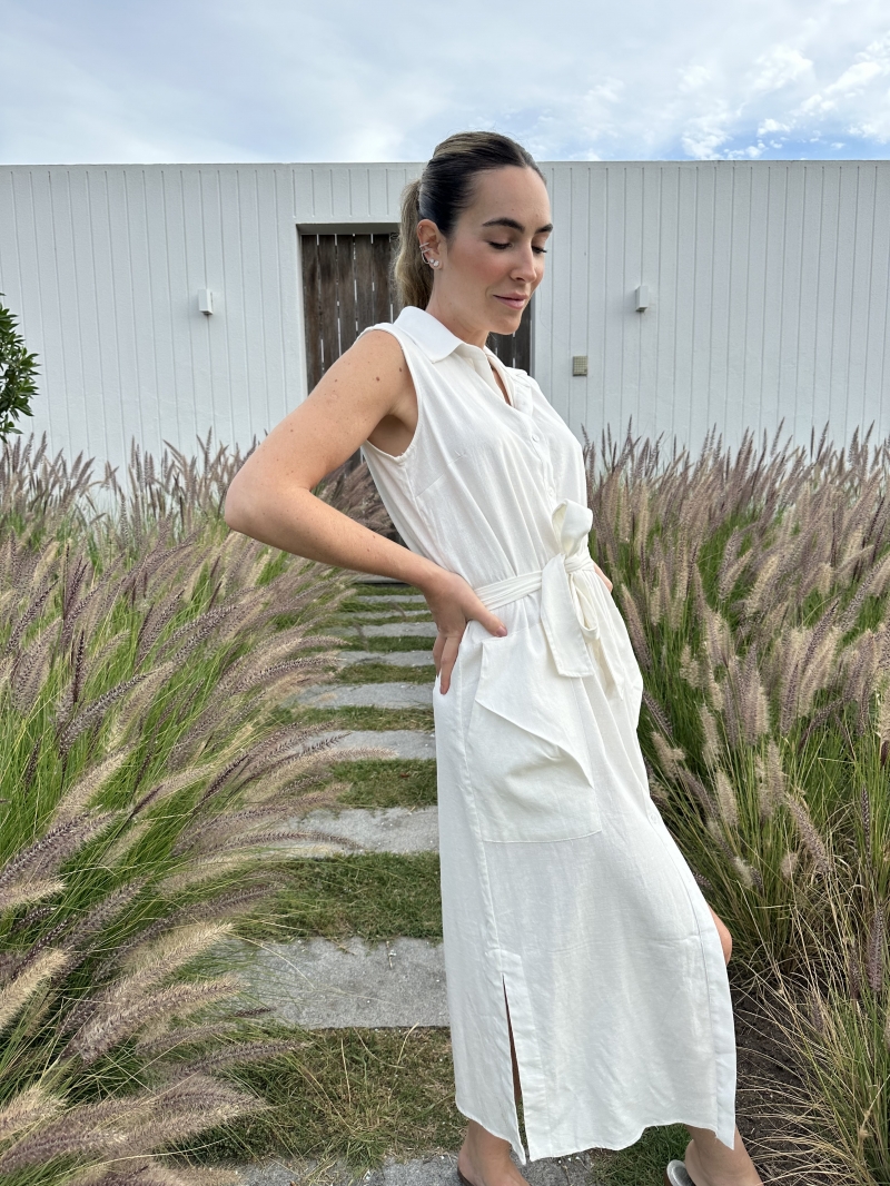 Hidrogênio - LINEN CHEMISIE MIDI DRESS WITH POCKETS OFF WHITE - 19878