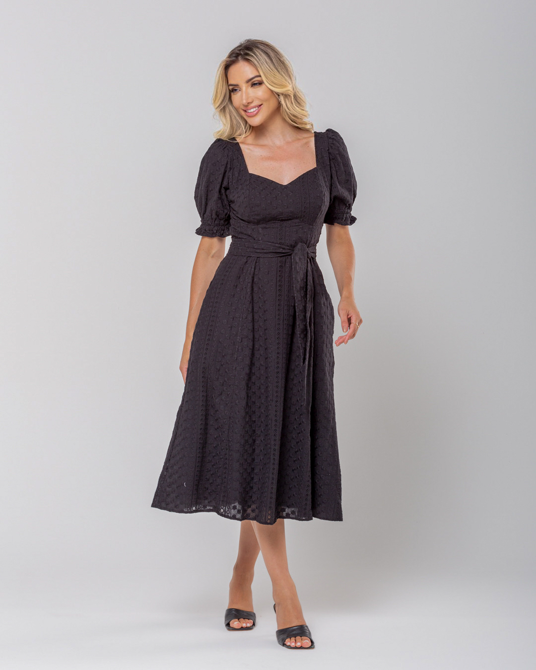 Miss Misses - Miss Misses Midi Princess Sleeve Dress With Sash Black - 54130PRETO