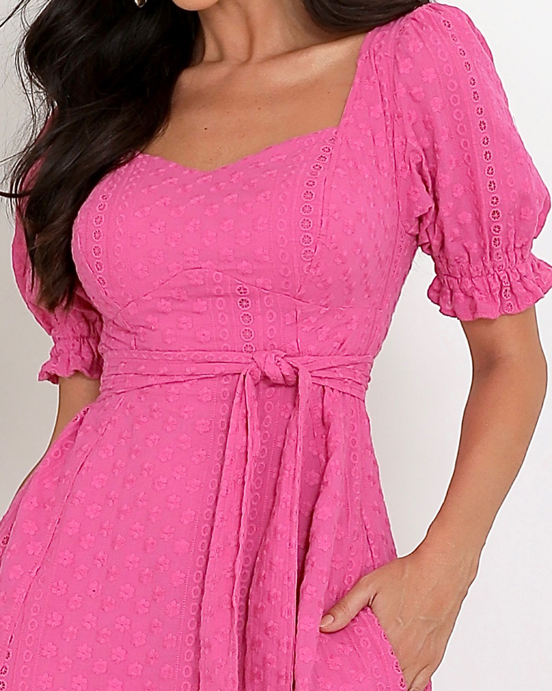 Miss Misses - Miss Misses Midi Princess Sleeve Dress With Pink Sash - 54130ROSA